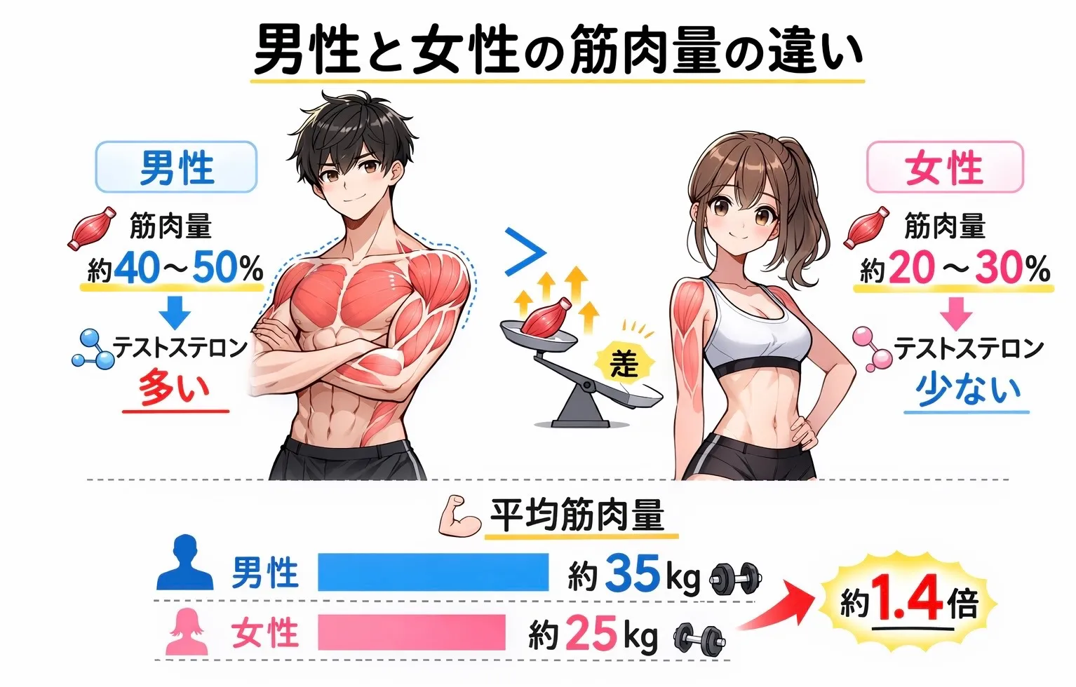 男性・女性の筋肉の付きやすさの違い